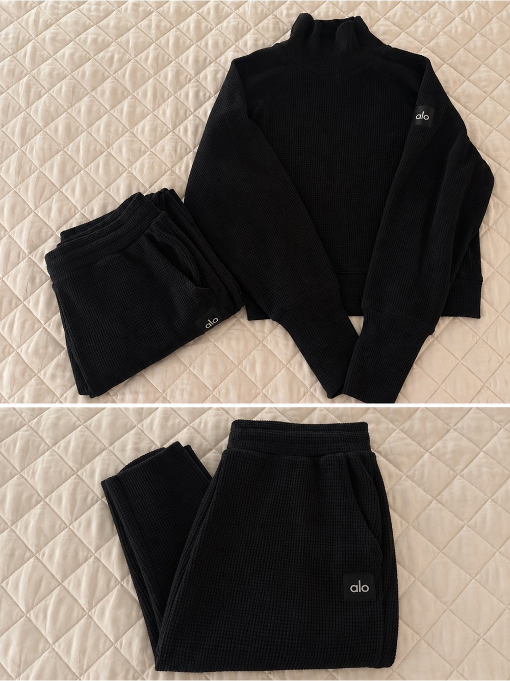 Alo Waffle Knit Pullover & Jogger Set in Black